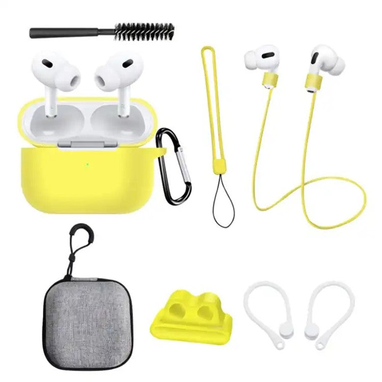 8 in 1 Portable Storage Bag Set for AirPods Pro 2 Silicone Case with Strap / Neck Strap / Cleaning Brush - Yellow