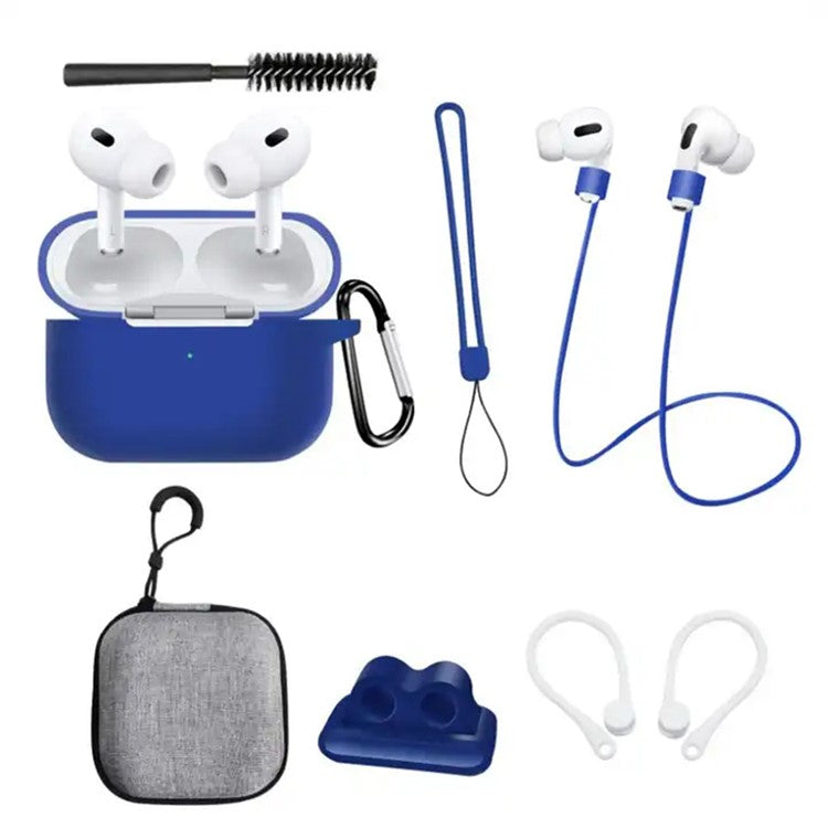 8 in 1 Portable Storage Bag Set for AirPods Pro 2 Silicone Case with Strap / Neck Strap / Cleaning Brush - Blue