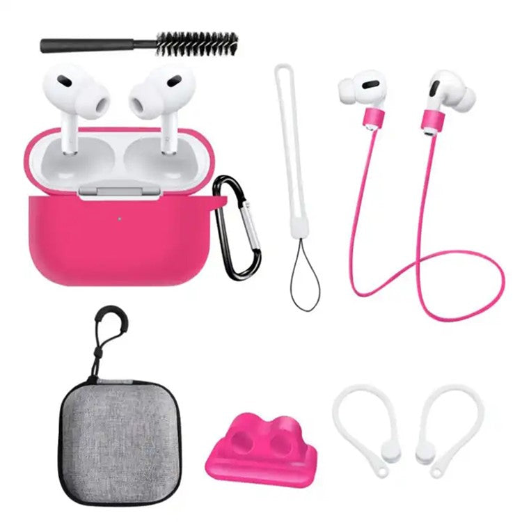 8 in 1 Portable Storage Bag Set for AirPods Pro 2 Silicone Case with Strap / Neck Strap / Cleaning Brush - Rose