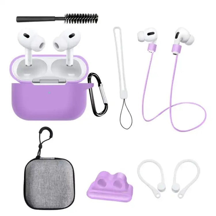 8 in 1 Portable Storage Bag Set for AirPods Pro 2 Silicone Case with Strap / Neck Strap / Cleaning Brush - Light Purple