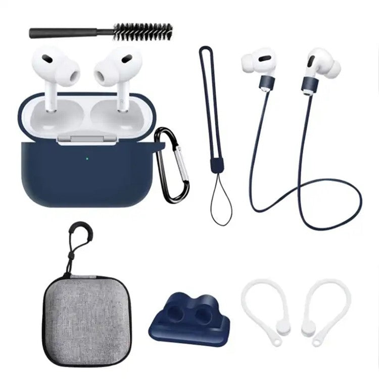 8 in 1 Portable Storage Bag Set for AirPods Pro 2 Silicone Case with Strap / Neck Strap / Cleaning Brush - Dark Blue