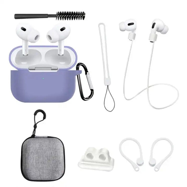 8 in 1 Portable Storage Bag Set for AirPods Pro 2 Silicone Case with Strap / Neck Strap / Cleaning Brush - Purple