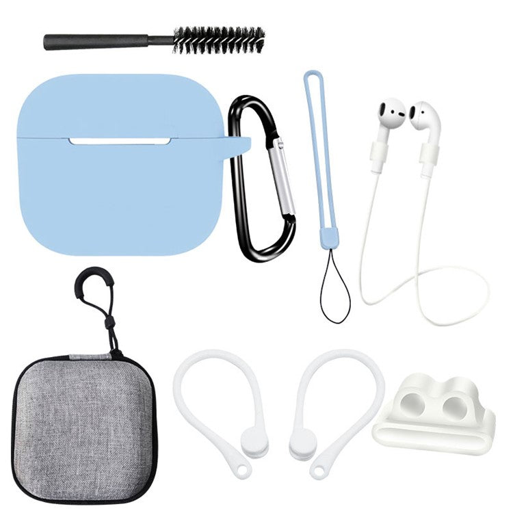 For Apple AirPods 3 Silicone Protective Cover Anti-lost Rope Hanging Buckle Ear Hook 8-in-1 Accessories Kit - Blue