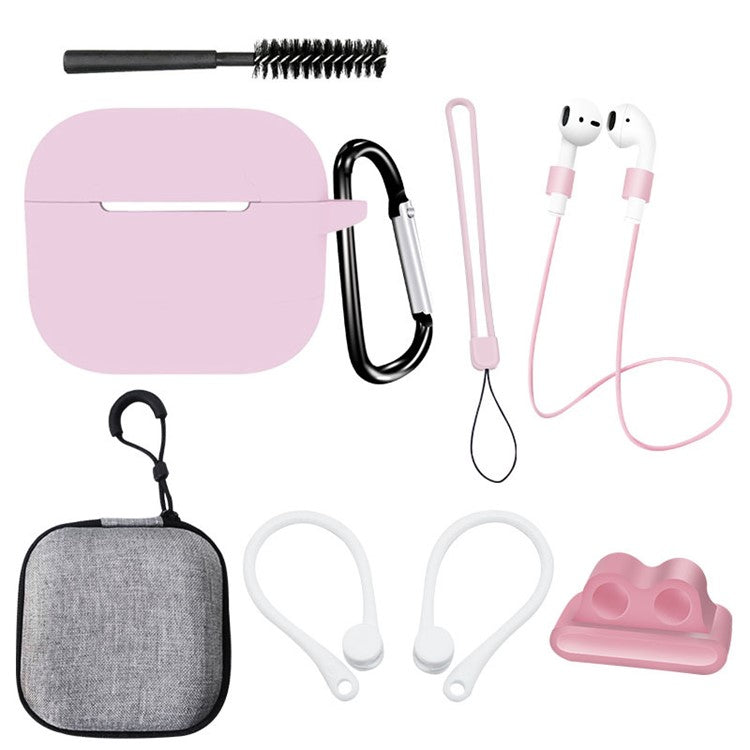 For Apple AirPods 3 Silicone Protective Cover Anti-lost Rope Hanging Buckle Ear Hook 8-in-1 Accessories Kit - Pink