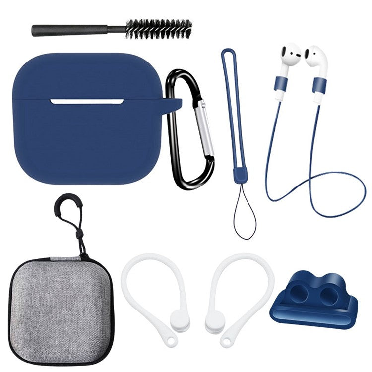 For Apple AirPods 3 Silicone Protective Cover Anti-lost Rope Hanging Buckle Ear Hook 8-in-1 Accessories Kit - Dark Blue