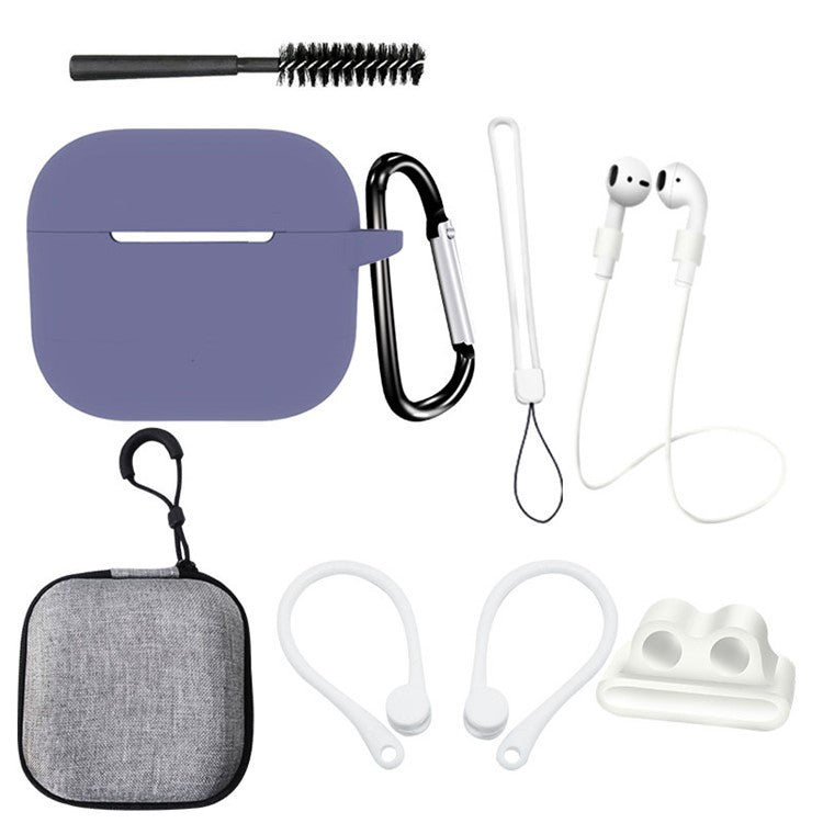 For Apple AirPods 3 Silicone Protective Cover Anti-lost Rope Hanging Buckle Ear Hook 8-in-1 Accessories Kit - Purple