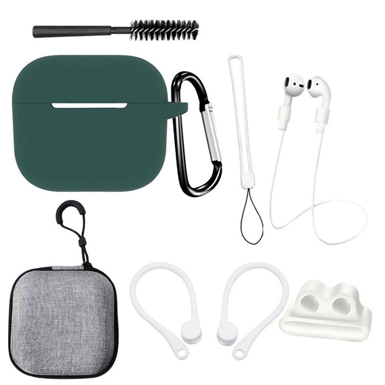 For Apple AirPods 3 Silicone Protective Cover Anti-lost Rope Hanging Buckle Ear Hook 8-in-1 Accessories Kit - Blackish Green