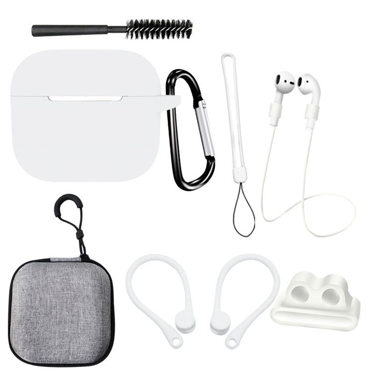 For Apple AirPods 3 Silicone Protective Cover Anti-lost Rope Hanging Buckle Ear Hook 8-in-1 Accessories Kit - White