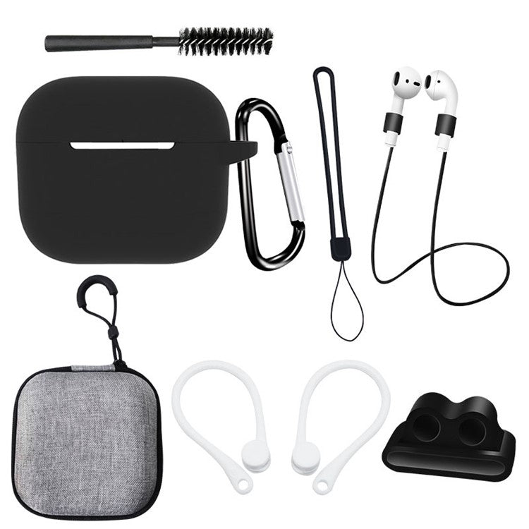 For Apple AirPods 3 Silicone Protective Cover Anti-lost Rope Hanging Buckle Ear Hook 8-in-1 Accessories Kit - Black