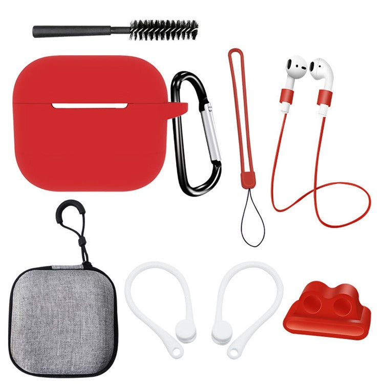 For Apple AirPods 3 Silicone Protective Cover Anti-lost Rope Hanging Buckle Ear Hook 8-in-1 Accessories Kit - Red