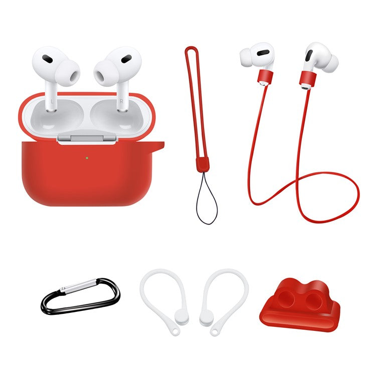 For AirPods Pro 2 Silicone Cover Neck Rope Hanging Buckle Ear Hook 6-in-1 Anti-lost Accessories Kit - Red