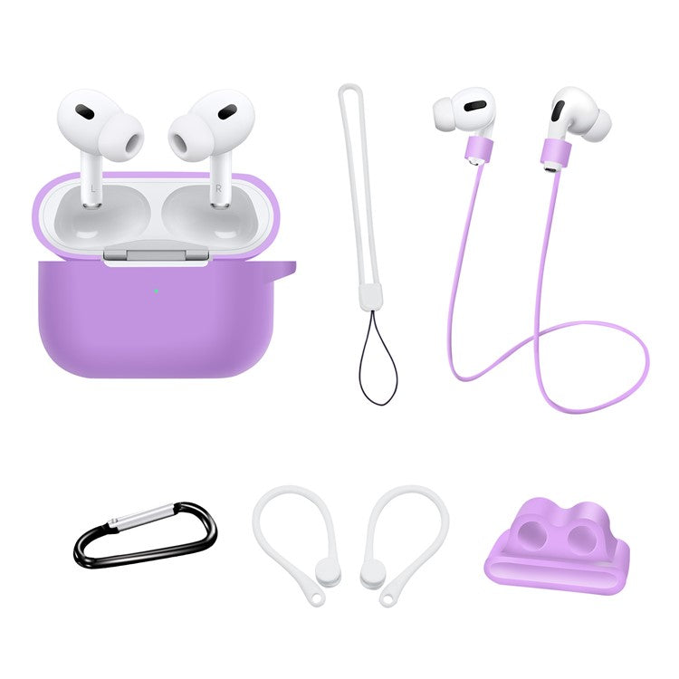 For AirPods Pro 2 Silicone Cover Neck Rope Hanging Buckle Ear Hook 6-in-1 Anti-lost Accessories Kit - Purple