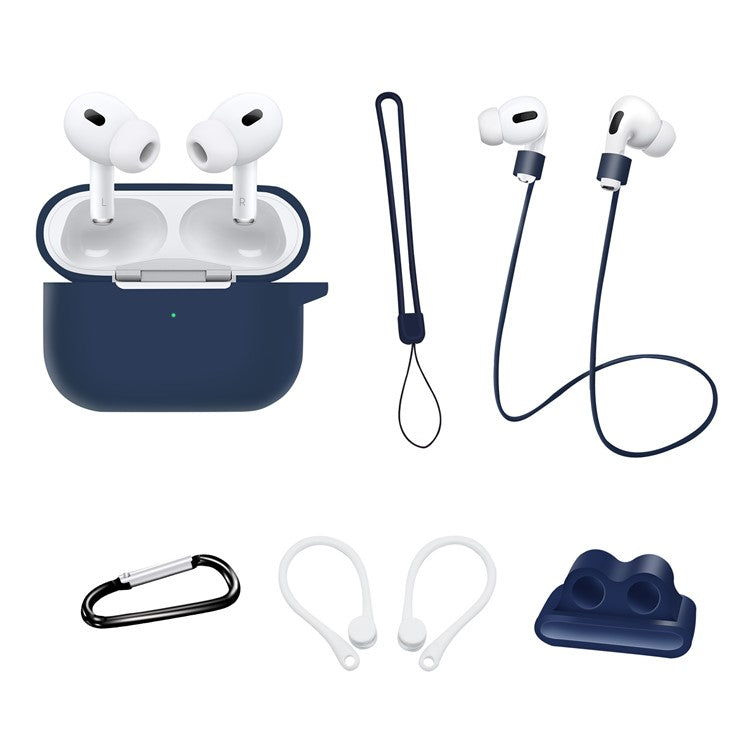 For AirPods Pro 2 Silicone Cover Neck Rope Hanging Buckle Ear Hook 6-in-1 Anti-lost Accessories Kit - Dark Blue