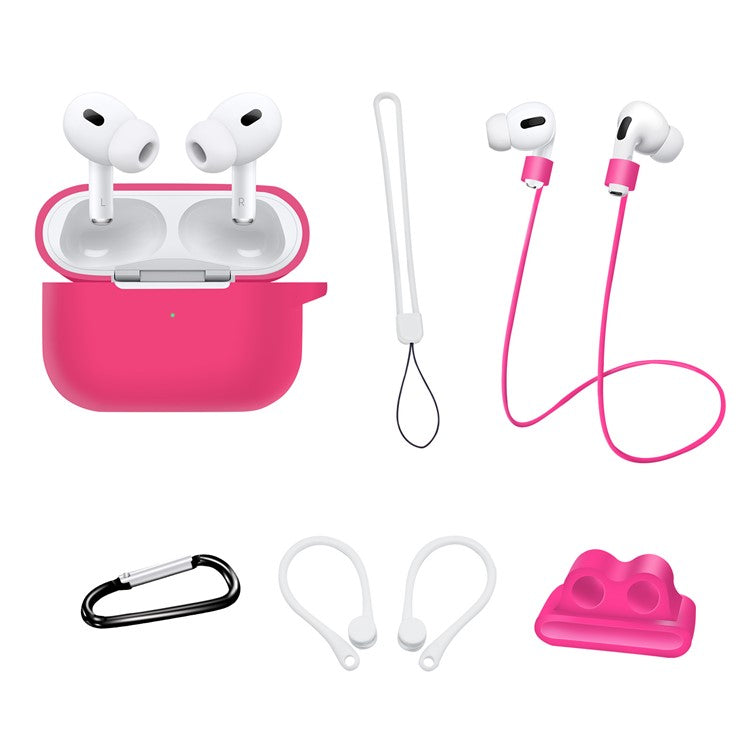 For AirPods Pro 2 Silicone Cover Neck Rope Hanging Buckle Ear Hook 6-in-1 Anti-lost Accessories Kit - Rose