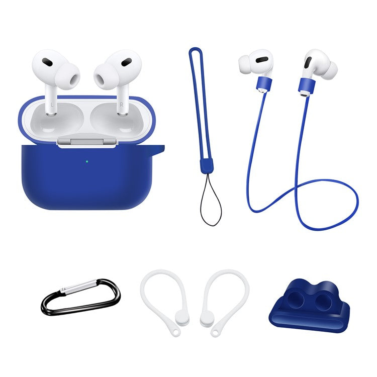 For AirPods Pro 2 Silicone Cover Neck Rope Hanging Buckle Ear Hook 6-in-1 Anti-lost Accessories Kit - Blue