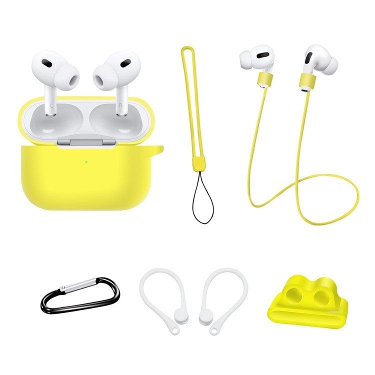 For AirPods Pro 2 Silicone Cover Neck Rope Hanging Buckle Ear Hook 6-in-1 Anti-lost Accessories Kit - Yellow