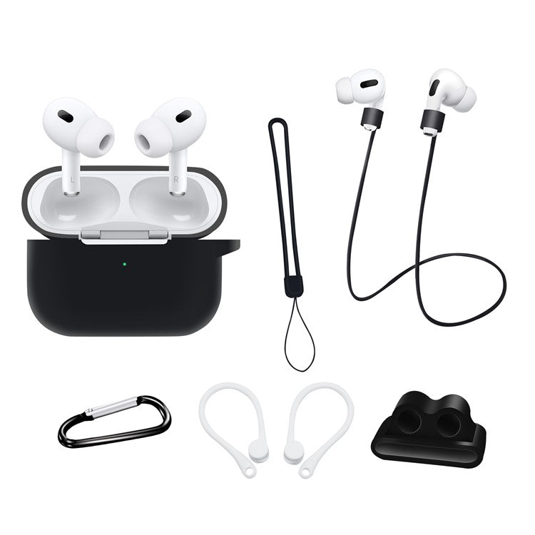 For AirPods Pro 2 Silicone Cover Neck Rope Hanging Buckle Ear Hook 6-in-1 Anti-lost Accessories Kit - Black