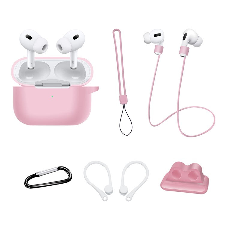 For AirPods Pro 2 Silicone Cover Neck Rope Hanging Buckle Ear Hook 6-in-1 Anti-lost Accessories Kit - Pink