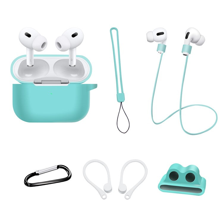 For AirPods Pro 2 Silicone Cover Neck Rope Hanging Buckle Ear Hook 6-in-1 Anti-lost Accessories Kit - Mint Green