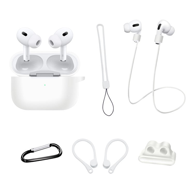 For AirPods Pro 2 Silicone Cover Neck Rope Hanging Buckle Ear Hook 6-in-1 Anti-lost Accessories Kit - White