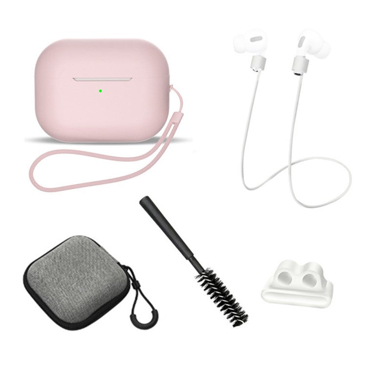 For AirPods Pro 2 6-in-1 Silicone Protective Cover + Anti-lost Rope + Storage Case + Brush + Watch Band Earbud Holder + Hand Rope - Pink