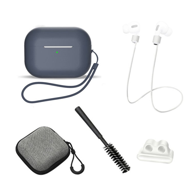 For AirPods Pro 2 6-in-1 Silicone Protective Cover + Anti-lost Rope + Storage Case + Brush + Watch Band Earbud Holder + Hand Rope - Midnight Blue