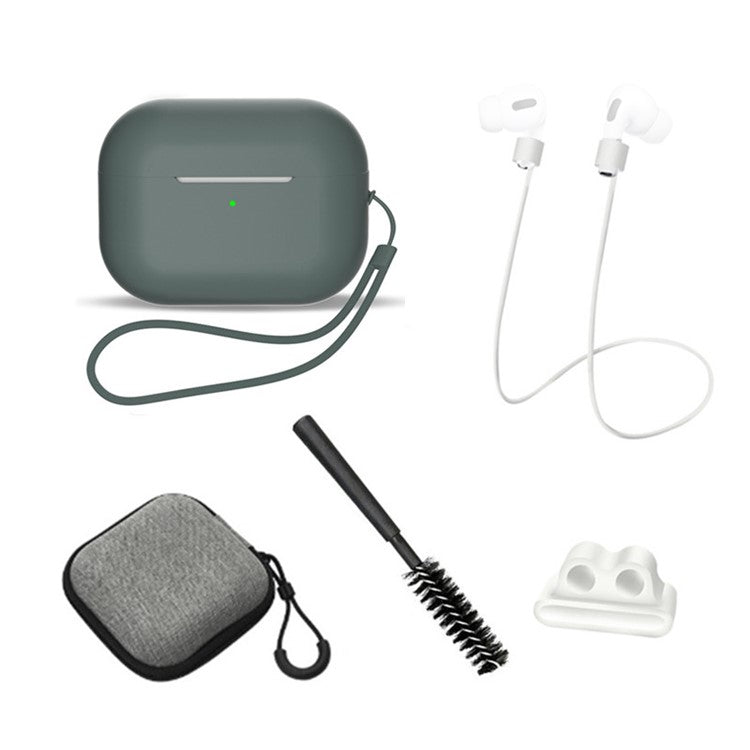 For AirPods Pro 2 6-in-1 Silicone Protective Cover + Anti-lost Rope + Storage Case + Brush + Watch Band Earbud Holder + Hand Rope - Midnight Green