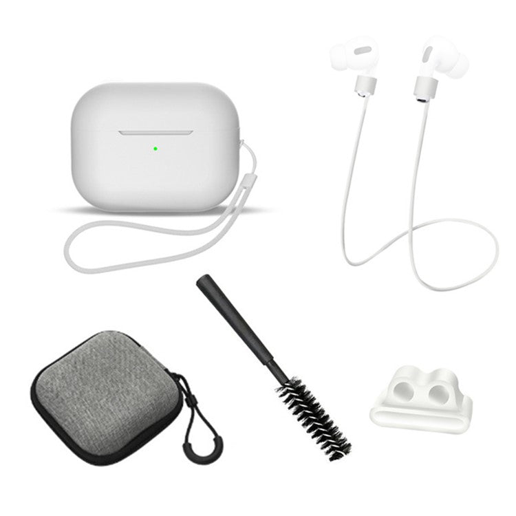 For AirPods Pro 2 6-in-1 Silicone Protective Cover + Anti-lost Rope + Storage Case + Brush + Watch Band Earbud Holder + Hand Rope - White