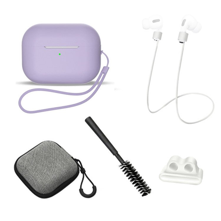 For AirPods Pro 2 6-in-1 Silicone Protective Cover + Anti-lost Rope + Storage Case + Brush + Watch Band Earbud Holder + Hand Rope - Light Purple