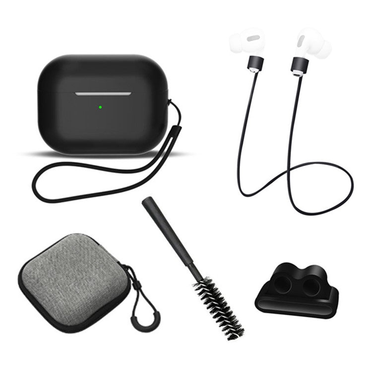 For AirPods Pro 2 6-in-1 Silicone Protective Cover + Anti-lost Rope + Storage Case + Brush + Watch Band Earbud Holder + Hand Rope - Black