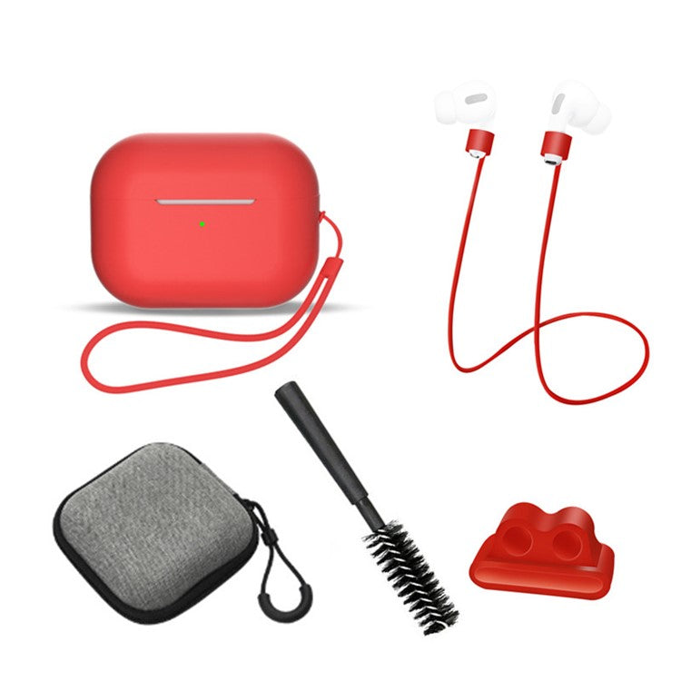 For AirPods Pro 2 6-in-1 Silicone Protective Cover + Anti-lost Rope + Storage Case + Brush + Watch Band Earbud Holder + Hand Rope - Red