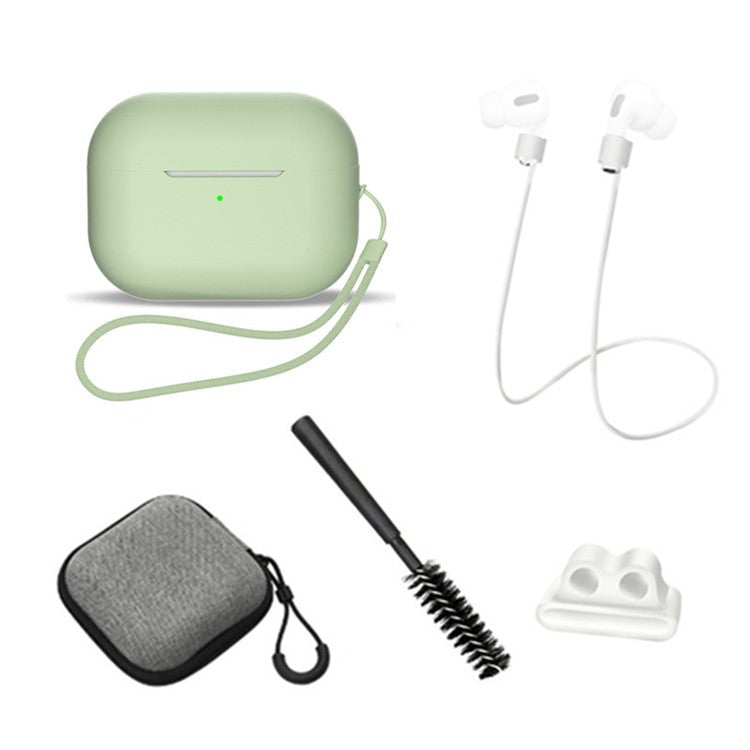 For AirPods Pro 2 6-in-1 Silicone Protective Cover + Anti-lost Rope + Storage Case + Brush + Watch Band Earbud Holder + Hand Rope - Matcha Green