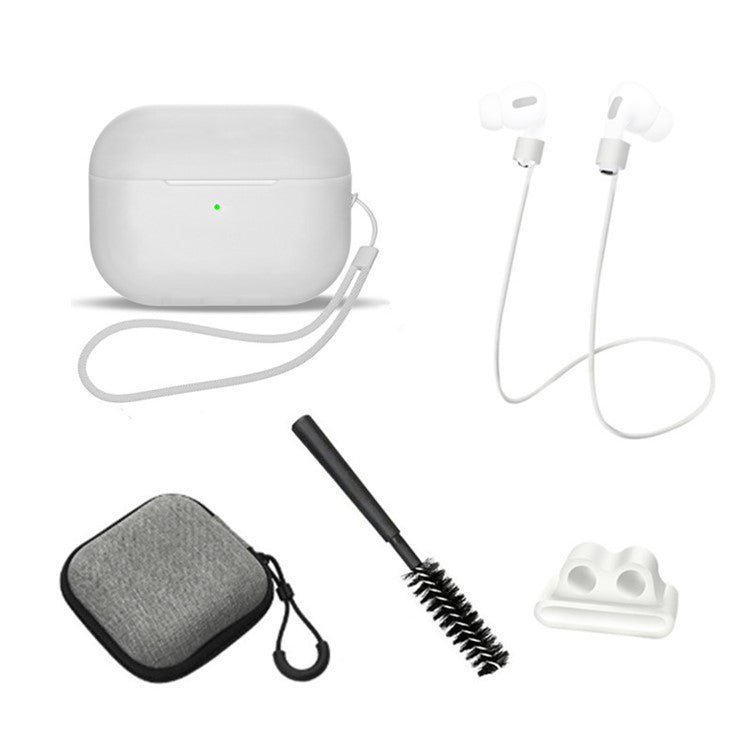 For AirPods Pro 2 6-in-1 Silicone Protective Cover + Anti-lost Rope + Storage Case + Brush + Watch Band Earbud Holder + Hand Rope - Transparent White