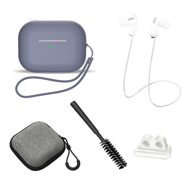 For AirPods Pro 2 6-in-1 Silicone Protective Cover + Anti-lost Rope + Storage Case + Brush + Watch Band Earbud Holder + Hand Rope - Lavender Gray