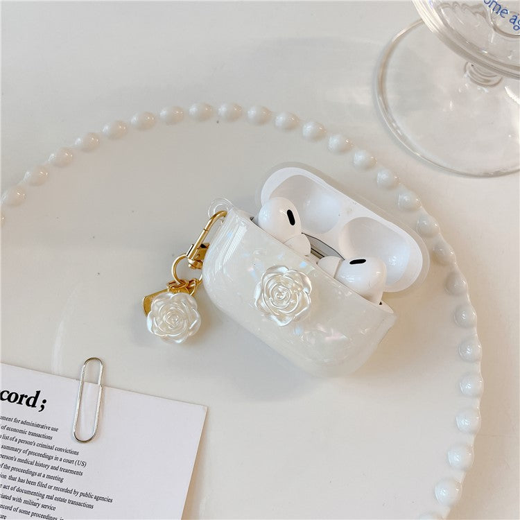 For AirPods Pro 2 Shockproof Case with Camellia Decor, Shell Grain Camellia Pattern Anti-Drop TPU Case