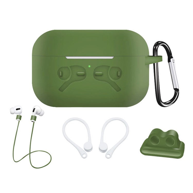 5-in-1 Silicone Case for Apple AirPods Pro Protective Case Set with Neck Strap, Earphone Holder - Green