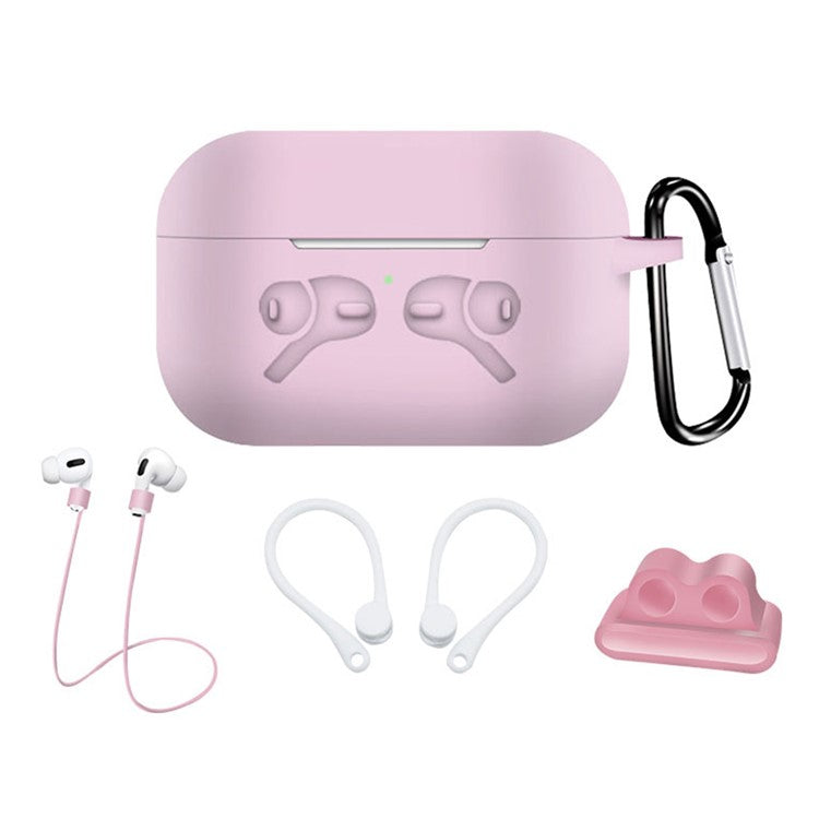 5-in-1 Silicone Case for Apple AirPods Pro Protective Case Set with Neck Strap, Earphone Holder - Pink