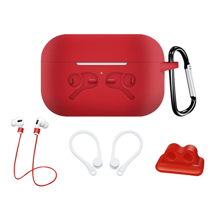 5-in-1 Silicone Case for Apple AirPods Pro Protective Case Set with Neck Strap, Earphone Holder - Red