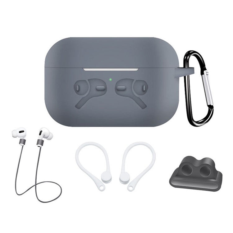 5-in-1 Silicone Case for Apple AirPods Pro Protective Case Set with Neck Strap, Earphone Holder - Grey