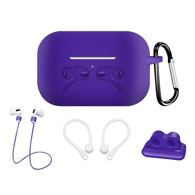 5-in-1 Silicone Case for Apple AirPods Pro Protective Case Set with Neck Strap, Earphone Holder - Purple