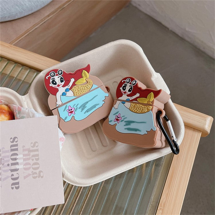 Earphone Silicone Case for Apple AirPods Pro , Cute Mermaid Design Bluetooth Earphone Cover with Carabiner