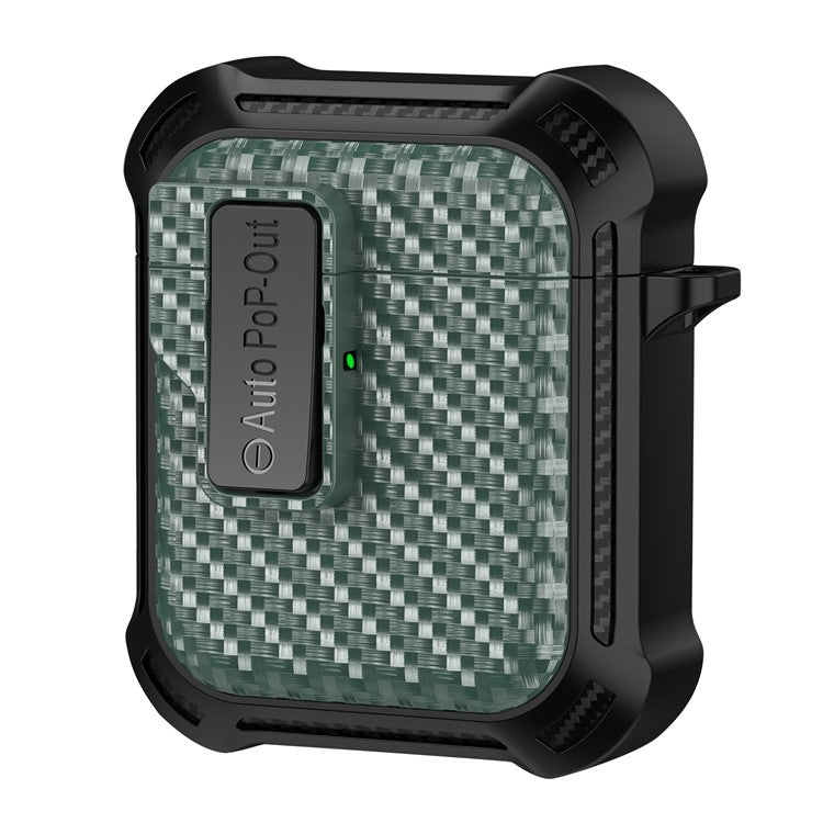 For AirPods with Wireless Charging Case (2019) / AirPods with Charging Case (2019) / (2016) Pressing Buckle Case Carbon Fiber Texture Cover - Green