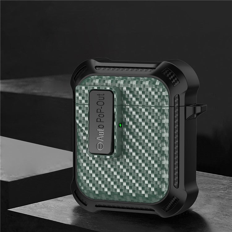 For AirPods with Wireless Charging Case (2019) / AirPods with Charging Case (2019) / (2016) Pressing Buckle Case Carbon Fiber Texture Cover - Green