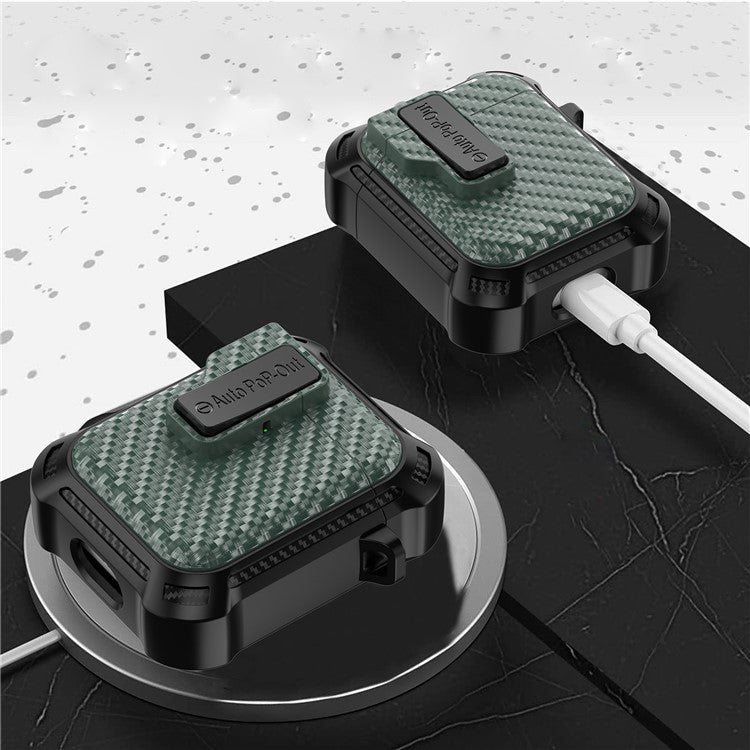 For AirPods with Wireless Charging Case (2019) / AirPods with Charging Case (2019) / (2016) Pressing Buckle Case Carbon Fiber Texture Cover - Green