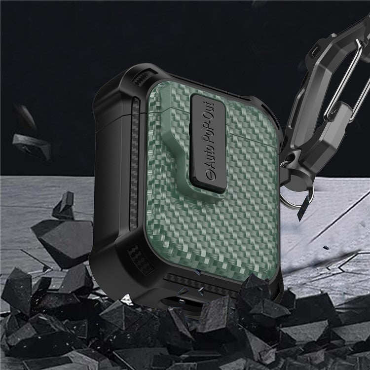 For AirPods with Wireless Charging Case (2019) / AirPods with Charging Case (2019) / (2016) Pressing Buckle Case Carbon Fiber Texture Cover - Green