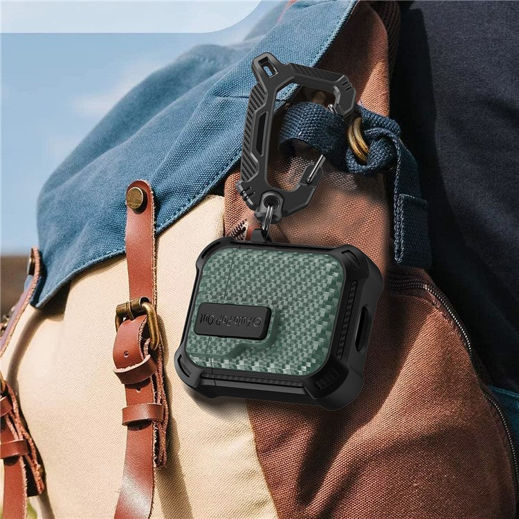 For AirPods with Wireless Charging Case (2019) / AirPods with Charging Case (2019) / (2016) Pressing Buckle Case Carbon Fiber Texture Cover - Green