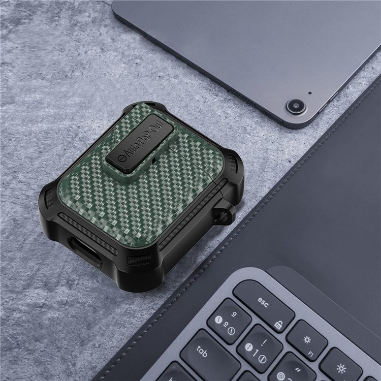 For AirPods with Wireless Charging Case (2019) / AirPods with Charging Case (2019) / (2016) Pressing Buckle Case Carbon Fiber Texture Cover - Green