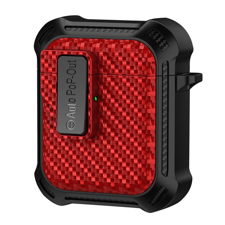 For AirPods with Wireless Charging Case (2019) / AirPods with Charging Case (2019) / (2016) Pressing Buckle Case Carbon Fiber Texture Cover - Red