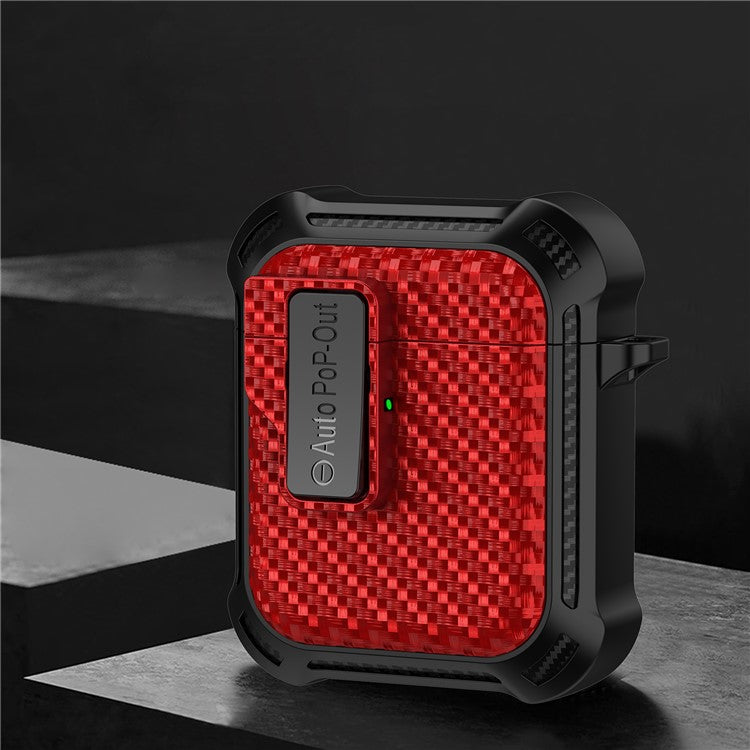 For AirPods with Wireless Charging Case (2019) / AirPods with Charging Case (2019) / (2016) Pressing Buckle Case Carbon Fiber Texture Cover - Red