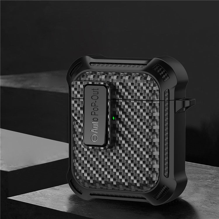 For AirPods with Wireless Charging Case (2019) / AirPods with Charging Case (2019) / (2016) Pressing Buckle Case Carbon Fiber Texture Cover - Black